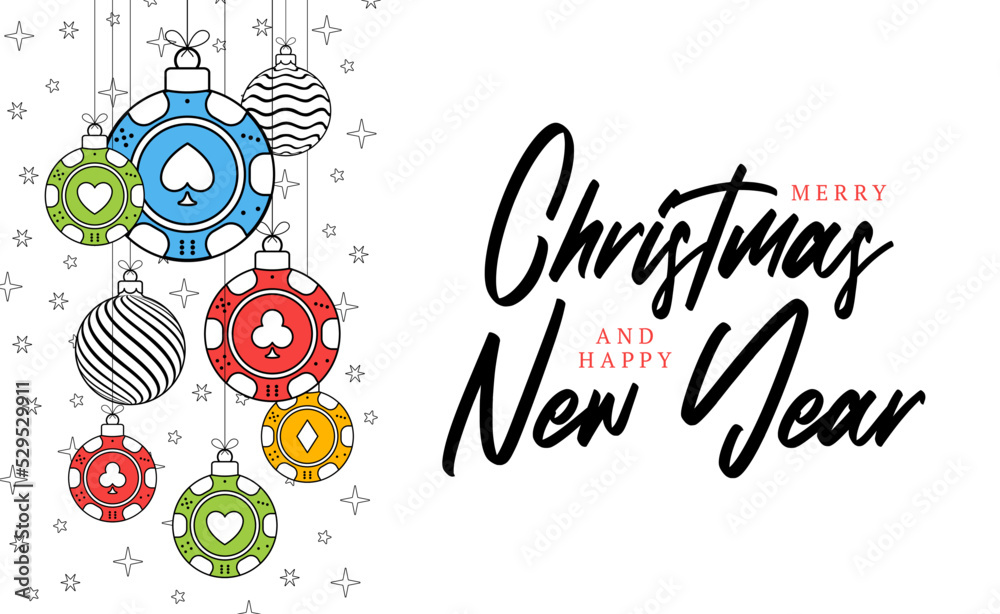 Fototapeta premium Poker christmas greeting card in trendy line style. Merry Christmas and Happy New Year outline cartoon Sports banner. casino chip as a xmas ball on white background. Vector illustration.