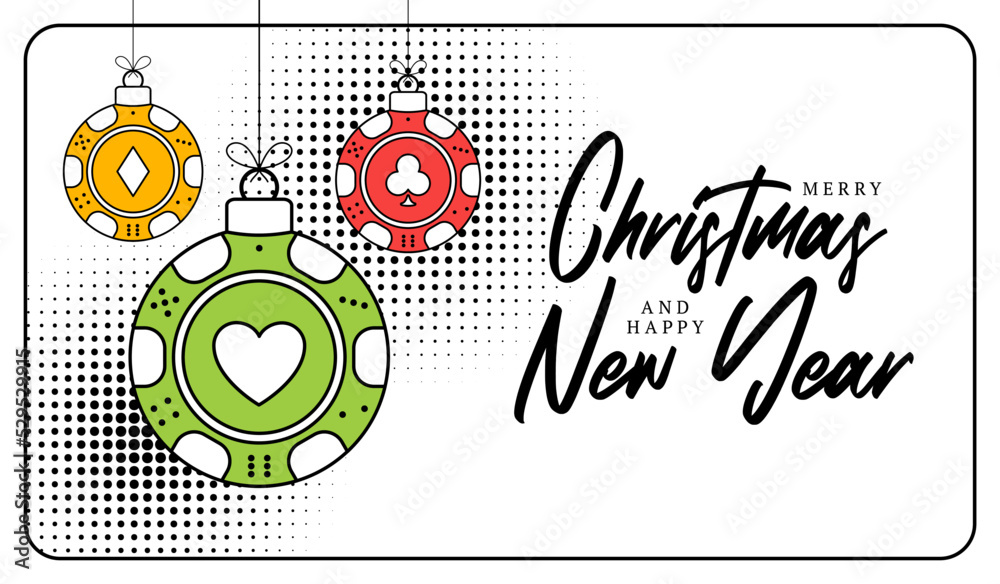 Fototapeta premium Poker christmas greeting card in trendy line style. Merry Christmas and Happy New Year outline cartoon Sports banner. casino chip as a xmas ball on white background. Vector illustration.
