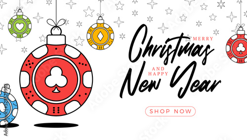 Poker christmas greeting card in trendy line style. Merry Christmas and Happy New Year outline cartoon Sports banner. casino chip as a xmas ball on white background. Vector illustration.