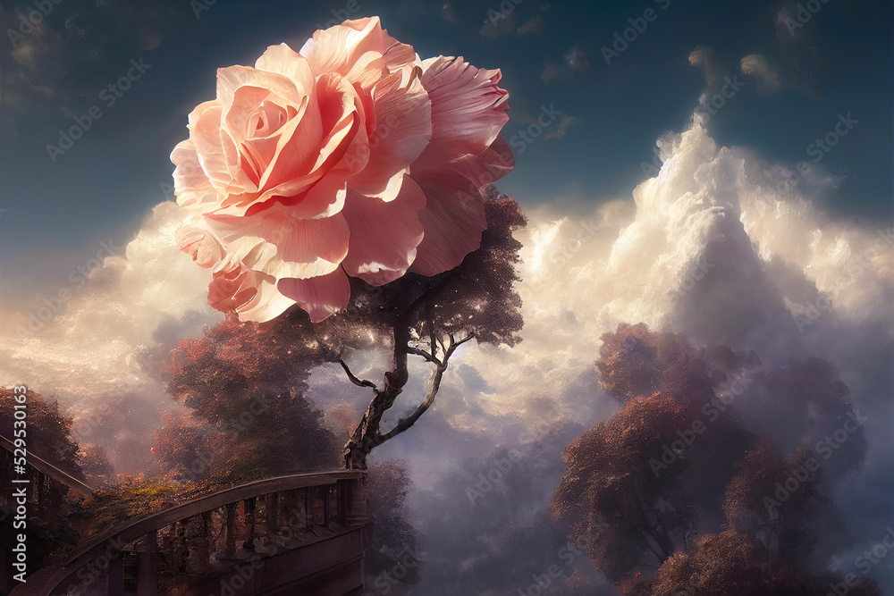 Fantasy rose in the background of the landscape. Fairytale mountain