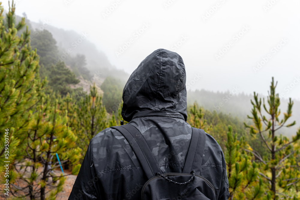 Tourist man in black coat is looking at the misty forest. Wanderlust travel concept, space for text, atmospheric epic moment, Nevado de Colima.