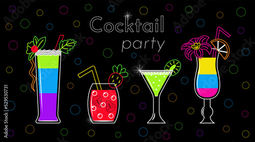Cocktsil party horizontal vector banner with fresh beverages. Linear glass with colorful alcohol drinks and slices of fruits on black with bubbles