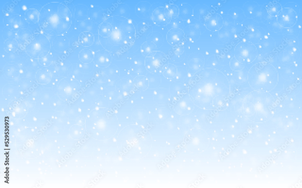 Snow background. Winter realistic snowfall. Defocused snowflakes on blue backdrop. Cold Christmas texture. Snowstorm and frost effect. Vector illustration