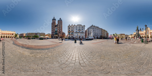 full 360 hdri panorama on main market square in center of old town with historical buildings, temples and town hall with a lot of tourists in equirectangular projection photo