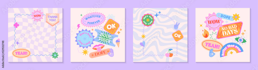 Vector set of cute fun templates with frames,patches,stickers in 90s style.Modern symbols in y2k aesthetic with text.Trendy groovy designs for banners,social media marketing,branding,packaging,covers Vector set of cute fun templates with frames,patches,stickers in 90s style.Modern symbols in y2k aesthetic with text.Trendy groovy designs for banners,social media marketing,branding,packaging,covers