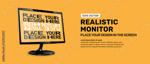 Vectorized realistic monitor. Template in banner format to put your design on the screen and change the text.