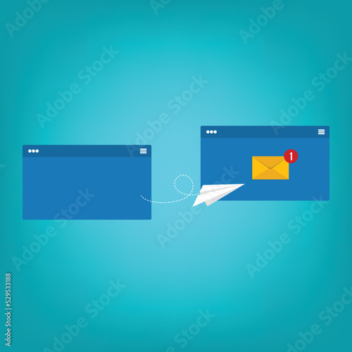 New incoming email message. One device sending paper airplane message to another.