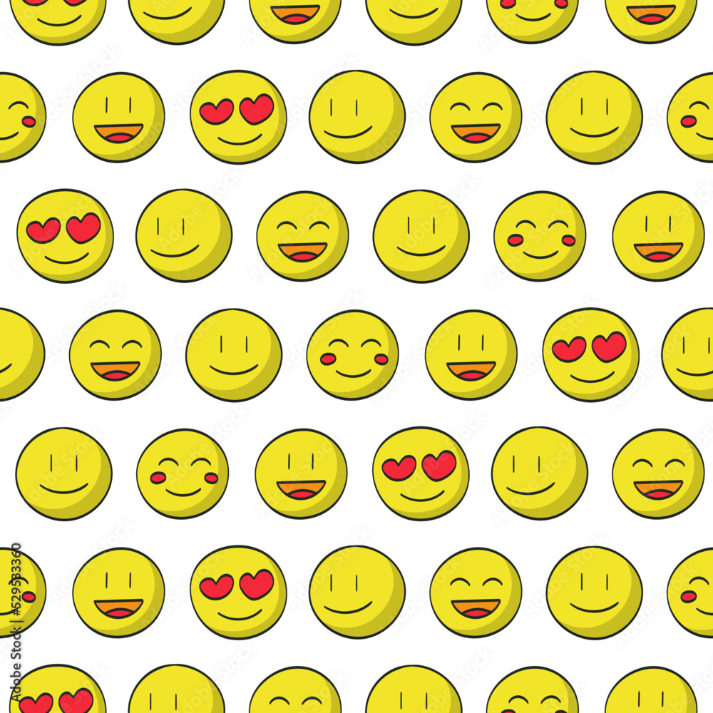 Seamless pattern of yellow emoticons. Positive emoji - laughter, love, smiles. Vector illustration Seamless pattern of yellow emoticons. Positive emoji - laughter, love, smiles. Vector illustration