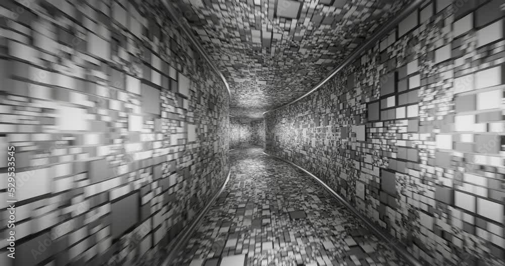 Camera movement along a curved tunnel. The texture of the tunnel consists of cubes. Technological background. Seamless animation. 3d render.