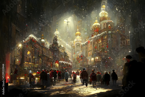 night crowded christmas european town street, neural network generated art. Digitally generated image. Not based on any actual scene or pattern. photo