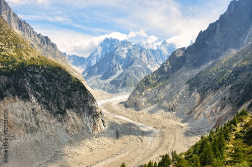 fantastic view of the mer de glace glacier at le montenvers in chamonix. climate change. melting glacier. Hiking in alps. High quality photo photo