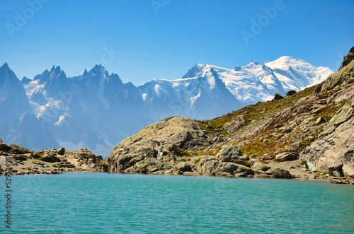 Lac Blanc with a view of Mont Blanc above Chamonix. Wonderful view over the mountain lake to the glacier. Haute-Savoie. High quality photo © SimonMichael