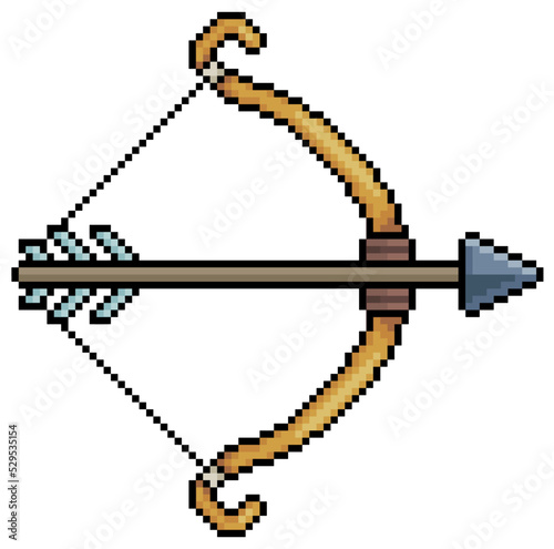 Pixel art archer bow and arrow vector icon for 8bit game on white background 