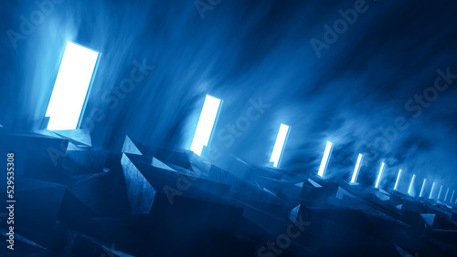Dystopian landscape of the planet with the ruined surface illuminated by blue neon lamps in smoke, futuristic world. Dramatic conceptual scene, moody, background. 3d rendering art modern design.