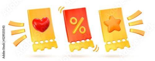Ticket with a star, a heart and a percentage on a white background. Realistic 3d style. Coupon or gift, discount. Voucher design. Vector illustration
