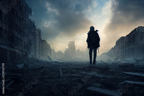 Foto Post-apocalyptic city, destroyed buildings, dystopian landscape painting