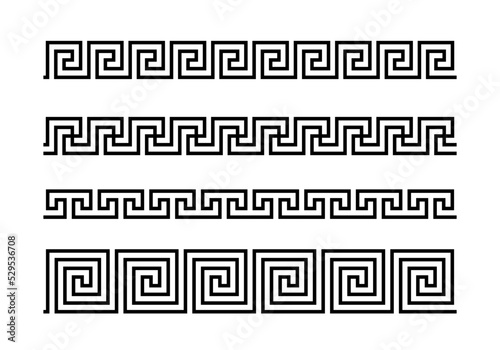 Greek key ornaments collection. Meander pattern set. Repeating geometric meandros motif. Greek fret design. Ancient decorative border. Vector