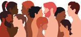 Racial equality and diversity among multiethnic women, girls, and men. Flat cartoon vector illustration.