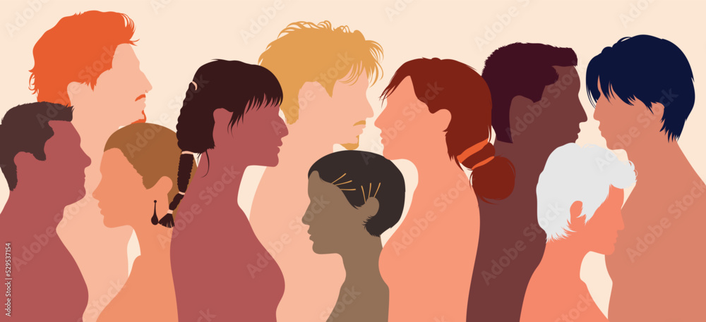 A concept of community or teamwork. Multiracial society in profile with flat cartoon heads. Friendship between multiethnic and multicultural cultures.