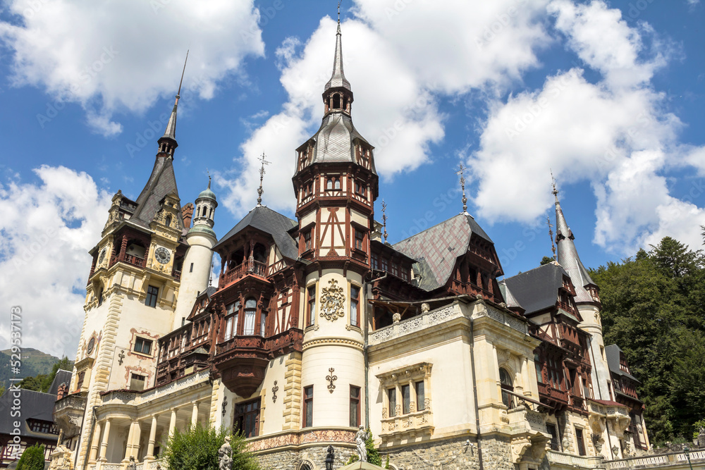 Peles castle, Famous Neo-Renaissance castle at the base of the Carpathian Mountains, Europe Peles castle, Famous Neo-Renaissance castle at the base of the Carpathian Mountains, Europe