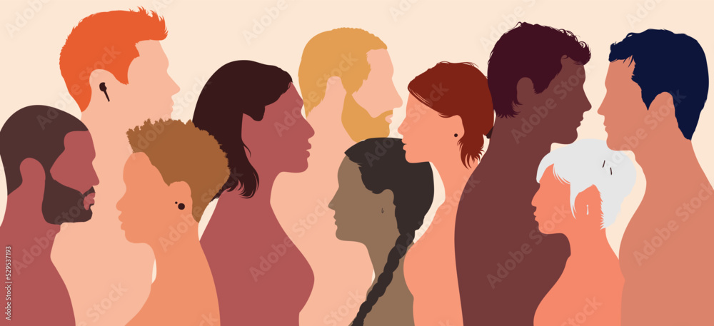 The diversity of many multi-ethnic people in a multicultural community. Integration of multicultural communities. People from different cultures and countries in a crowd.