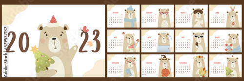 Yearly monthly design calendar for 2023 with cute bear. Set of 12 pages and cover in English. Vector illustration. horizontal template. Week from Monday. Stationery, planner, organizer with animal.