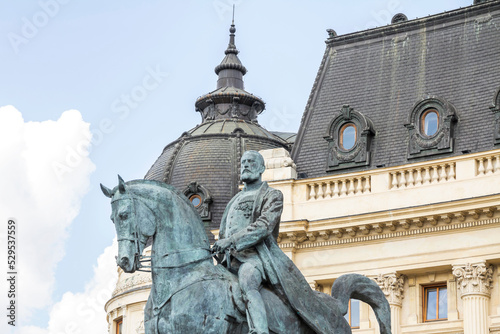 Statue of King Carol I in Bucharest, Calea Victoriei in front of the National Library building. © doganmesut