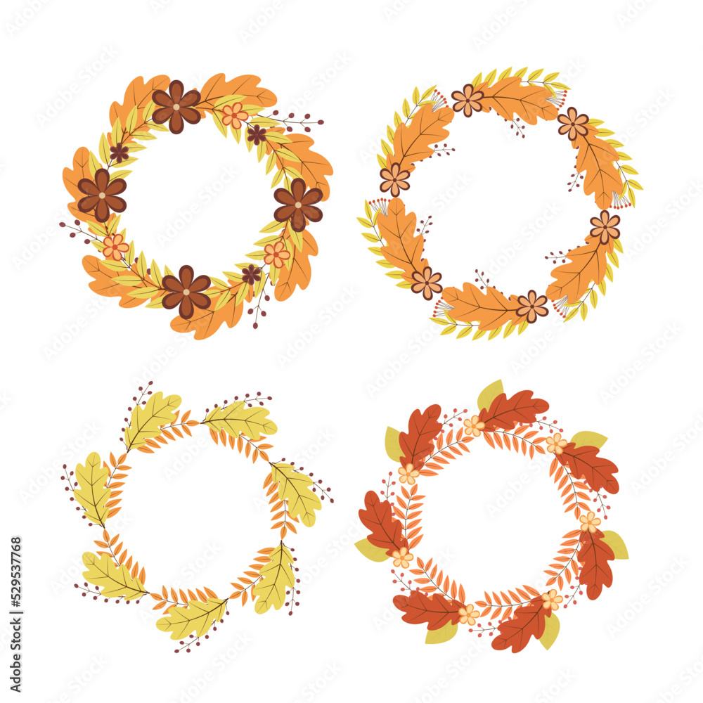 Set of wreaths of colorful autumn leaves and flowers. Fall round frames. Thanksgiving day decorations. Vector elements for your design projects Set of wreaths of colorful autumn leaves and flowers. Fall round frames. Thanksgiving day decorations. Vector elements for your design projects
