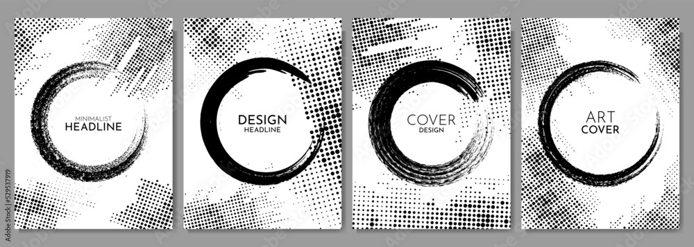 Vector illustration. Grunge halftone dots texture. Ink brush stroke posters. Design elements for cover, magazine, headline, layout, brochure, flyer. Paint splash effect. Abstract art frames collection