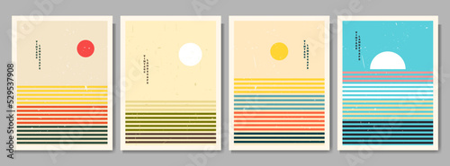 Vector illustration. Bauhaus. Mid century modern graphic. 60s retro funky graphic. Grunge texture. Minimalist landscape set. Abstract shapes. Design elements for poster, invitation card, book cover
