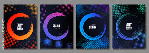 Vector illustration. Grunge halftone dots texture. Ink brush strokes banner. Design elements for poster, cover, magazine, headline, layout, brochure. Abstract vibrant color background. Paint splash