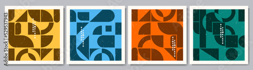 Vector illustration. Contemporary modern art poster collection. Flat geometric pattern. Design elements for social media, blog post, web banner. Circle, square, triangle shapes. Dirty grunge texture