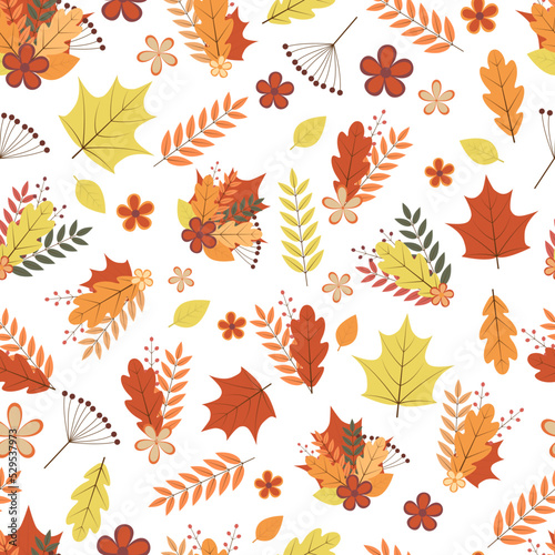 Autumn seamless pattern. Colorful leaves, flowers, and berries. Fall vector background.