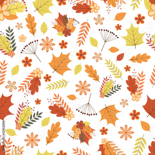 Autumn seamless pattern. Colorful leaves  flowers  and berries. Fall vector background. Perfect for scrapbooking  wrapping paper  etc