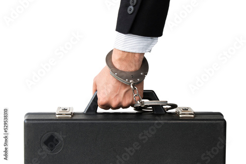 a hand holds a case handcuffed to the handle, on white isolated photo