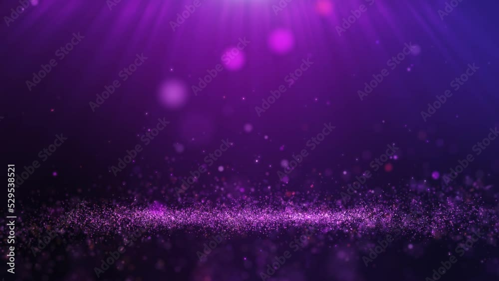 Glitter purple particles stage and light shine abstract background. Flickering particles with bokeh effect.