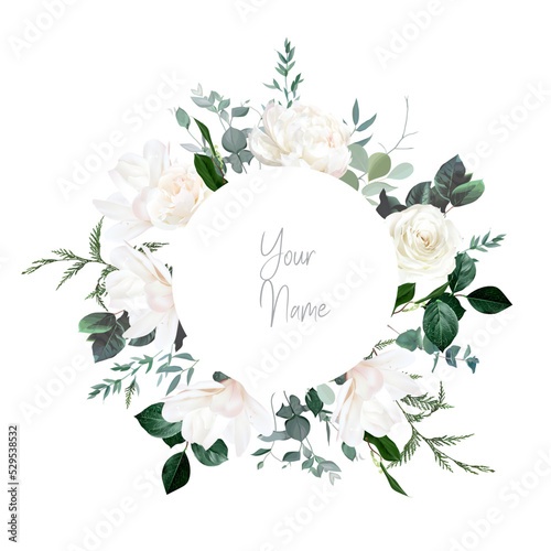 Ivory roses, white peony and magnolia, cedar, fern, eucalyptus vector design invitation frame
