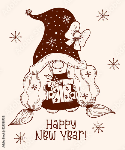 Scandinavian Christmas gnome girl with Christmas present. Vector illustration. hand drawn doodle style. Happy New Year greeting card.