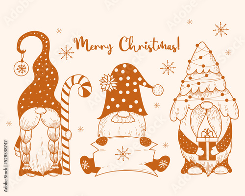 Christmas scandinavian gnomes. New Years gnome with Christmas tree and garland, balls, caramel stick and sign board. Vector. Isolated hand drawings for Christmas and New Year design, decor, cards.