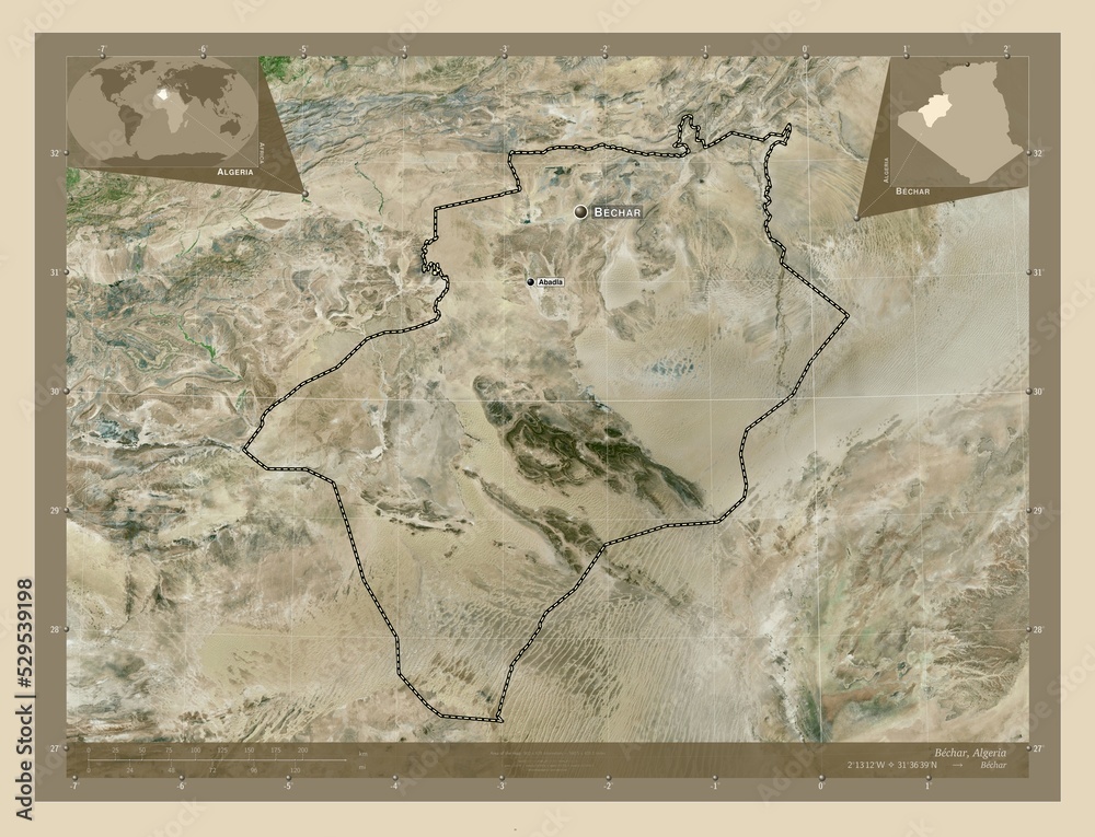 Obraz premium Bechar, Algeria. High-res satellite. Labelled points of cities