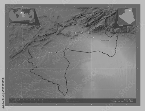 Biskra, Algeria. Grayscale. Labelled points of cities photo