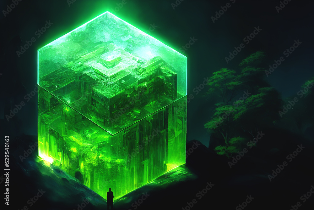 A glass cube made of solid transparent matter is located in the center of the forest landscape. Magic glow, green neon, ecosystem, connection. Green neon cube. 3D illustration A glass cube made of solid transparent matter is located in the center of the forest landscape. Magic glow, green neon, ecosystem, connection. Green neon cube. 3D illustration