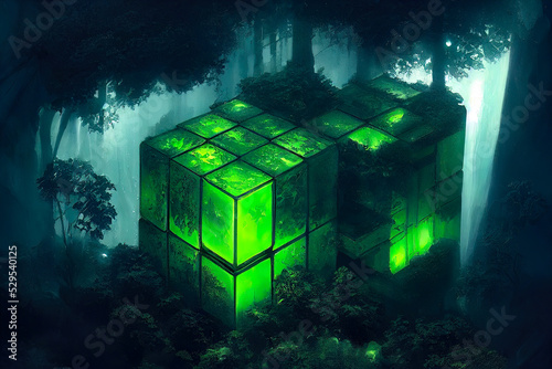 A glass cube made of solid transparent matter is located in the center of the forest landscape. Magic glow  green neon  ecosystem  connection. Green neon cube. 3D illustration