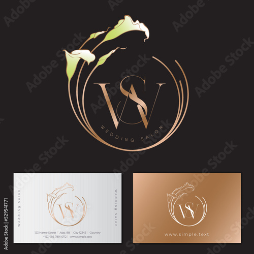 Letter S and Letter W in rounded frame with lilies. Icon consists of intertwined elements. Wedding Salon, Wedding Stylist monogram.