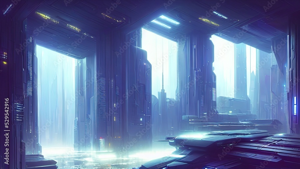 Futuristic high-tech night room, office in cyberpunk dystopian New York. Modern neon interior, a large panoramic window with a view of the city at night. Reflection of rays of light. 3D illustration