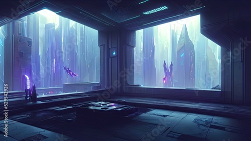 Futuristic high-tech night room  office in cyberpunk dystopian New York. Modern neon interior  a large panoramic window with a view of the city at night. Reflection of rays of light. 3D illustration
