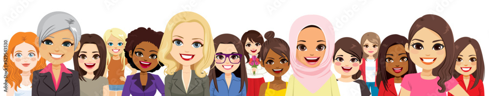 Portrait of multicultural multiethnic crowd of different women isolated vector illustration