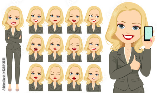 Elegant mature business woman in different expressions set. Various gestures female character standing isolated vector illustration