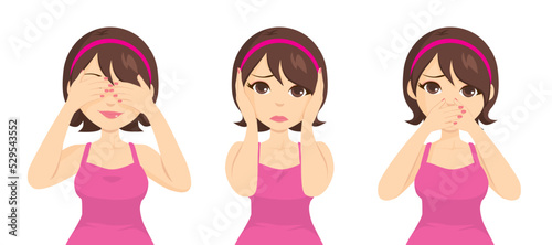 Set collection illustrations of a young woman covering her eyes, ears and mouth like the three wise monkeys. Do not see, hear and speak concept