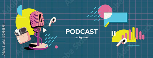 Set of vector elements of podcast. Sound recording of the program. Microphone and headphones in the style of the 90s. Compositions in the style of flat with geometric elements. Isolated objects